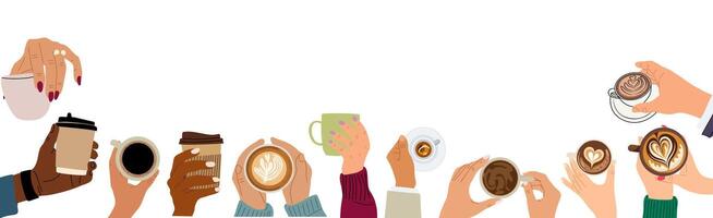 Border background with different hand holding cups vector