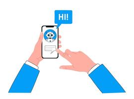 Hands holding smart phone for chatting with ai bot vector