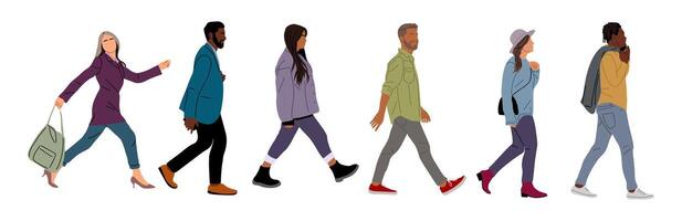 Set of Various people walking side view. vector