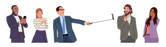 Set of different people using gadgets. vector