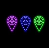 Set of neon geo location pin icon in four different colors isolated on black background. Square text template. Navigation, destination point, geotag, locate, map concept. Night sign style. vector