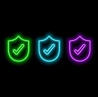 Check mark in neon style. Purple tick check mark. Retro sign with glowing neon. illustration vector