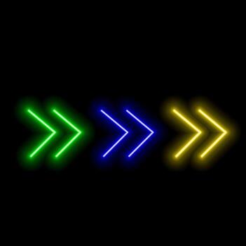 Neon glowing arrow pointer on dark brick wall background. Colorful and bright retro light sign. Design Element vector