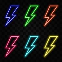 Blue lightning bolt mounted neon signs. High voltage neon symbol, colorful light banner design element modern design trends. Cyberpunk concept vector