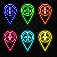 Pin icon Red neon sign on brick wall Pin maps. Location pin. Location map icon. vector