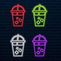 Glowing neon line Paper glass with drinking straw and water icon isolated on black background. Soda drinks cup. Symbol of cool and cold drink. vector