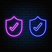Green Neon Sign Check Mark. Check the neon sign button design template list, modern trend design, neon night signboard, flag light. Illustration background, black vector