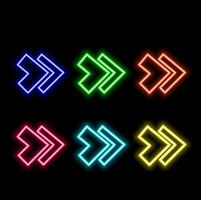 Neon arrow on brick wall. Bright realistic signage. Bright arrow pointers icon. Colorful neon banner. Nightly and bright advertising. vector