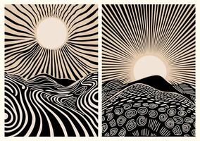 Abstract art set with sun and mountains. vector