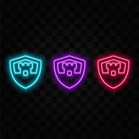 Glowing Neon Line Shield with Cyber Security Brick Wall Icon Isolated on Black Background. Data protection symbol. Firewall. Network protection. Colorful outline concept. vector