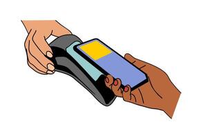 Hand with smart phone making payment by terminal. vector