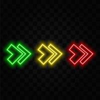 Neon glowing arrow pointer on dark brick wall background. Colorful and bright retro light sign. design element. vector
