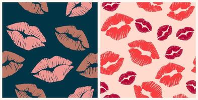 Set of seamless pattern with female lips print. vector