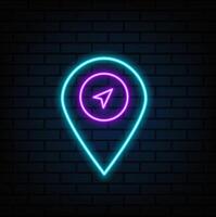 Glowing Neon Line Laptop with Location Marker Icon Isolated on Black Background. Colorful outline concept. vector