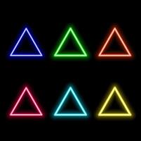 Neon triangle. Futuristic retro model. Music poster with bright element. Cyberpunk geometric shape. Electronic music design. Future minimum flag. vector
