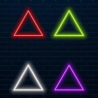 Neon sign. Triangle background. Glowing electric abstract frame on dark backdrop. Light flag with glow. Bright illustration with flares and sparkles. vector