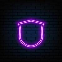 Neon shield icon. Glowing neon shield sign, outline guard symbol vector