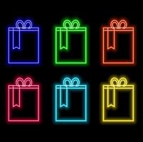 Glowing neon Gift box and heart icon isolated on brick wall background. Packaging Valentine's Day. Beautiful festive box tied with ribbon and bow on top vector