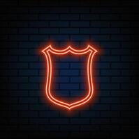 Glowing neon line Shield icon isolated on brick wall background. Guard sign. Security, safety, protection, privacy concept. Colorful outline concept. vector