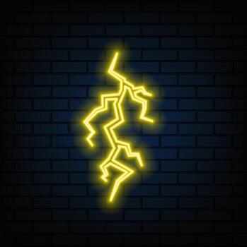 Neon lightning. Glowing flash sign on black background. Colorful and bright retro lightning bolt symbol. vector
