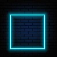 Square blue neon frame on brick wall. Minimal border. Space for text. Shiny sign. Editable stroke. vector