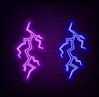 Neon lightning battery bolt and thunder isolated glowing sign . Symbol of energy ,power, charge and discharge icon vector