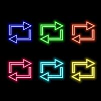 Set of glowing neon arrows. Glowing neon arrow pointers on brick wall background. Retro signboard with bright neon tubes in red, yellow, purple and blue colors vector