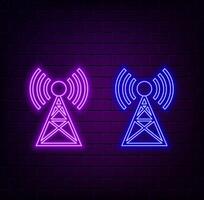 Glowing neon line Antenna icon isolated on black background. Radio antenna wireless. Technology and network signal radio antenna. vector