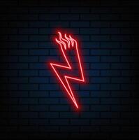 Neon sign of lightning signboard on the red background. vector