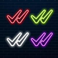 Glowing neon line Check mark in circle icon isolated on brick wall background. Choice button sign. Checkmark symbol. Colorful outline concept. vector