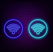 Glowing neon Wi-Fi wireless internet network symbol icon isolated on white background. Black square button. vector