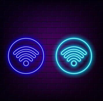 brillante neón Wifi inalámbrico Internet red símbolo icono aislado en blanco antecedentes. negro cuadrado botón. vector