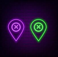 Blue glowing neon line Map pin icon on black background. Navigation, pointer, location, map, gps, direction, place, compass, contact, search concept. Colorful outline concept. vector