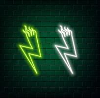 Neon glowing battery bolt and thunder isolated glowing sign . Symbol of energy ,power, charge and discharge icon vector