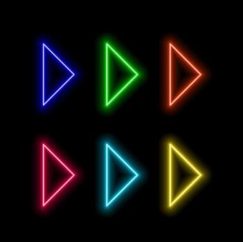 Neon glowing arrow pointer set on dark background. Colorful and shining retro light sign collection. vector