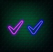 Check mark with bright glowing futuristic blue neon lights on black background 3D render vector