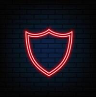 Shield line icon neon laser beams the symbol of the knights shield glowing laser speech bubble bubb. red color. vector