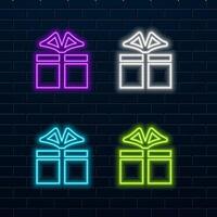 Neon lights label with giftbox and balloons helium vector
