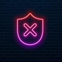 Glowing neon line shield with cross-mark icon isolated on black background. Shield and rejected. Notice of refusal. vector