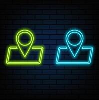 Pin neon style icon. Simple thin line, web icons outline for UI and ux, website or mobile app isolated on brick wall. vector