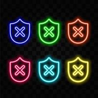 Glowing neon line Shield with cross mark icon isolated on black background. Shield and rejected. Notice of refusal. Colorful outline concept. vector