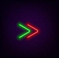 Neon arrow sign. Glowing neon arrow pointer on brick wall background. Retro signage board with glowing neon tubes. green. vector