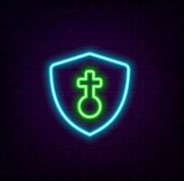 Glowing neon line Life insurance with shield icon isolated on black background. Safety, security, safety, protect concept. Colorful outline concept. neon style. vector