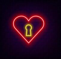 Neon Lock Glow and Heart Icon Isolated on Brick Wall Background. Heart Attached. Love symbol and keyhole sign. Valentine's Day symbol. vector