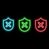Glowing Neon Line Shield with Cross Tag Icon Isolated on Black Background. Shielding is rejected. Notice of refusal. Colorful outline concept. vector