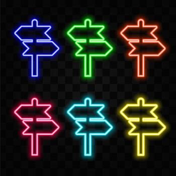 Red arrow signaling with yellow lamps pointed to the right and down. Show sign and black wall in the background. Banner template with copy space. 3D rendered image. neon style. vector