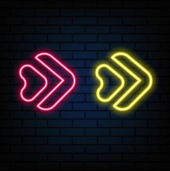 Neon realistic arrow icons. isolated bright swipe up signs, outline pointer silhouette. Arrowhead and Cursor Navigation, Direction of Movement, and Way of Movement vector