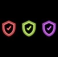 Glowing neon shield with check mark icon isolated on brick wall background. Illustration of the veto vector