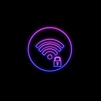 Glowing neon line wifi blocking sign icon isolated on black background. Password wifi symbol. Wireless network icon. Wifi zone. Colorful outline concept. vector