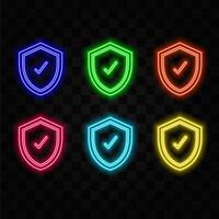 Glowing neon continuous line icon isolated on brick wall background. Blue color shield icon vector